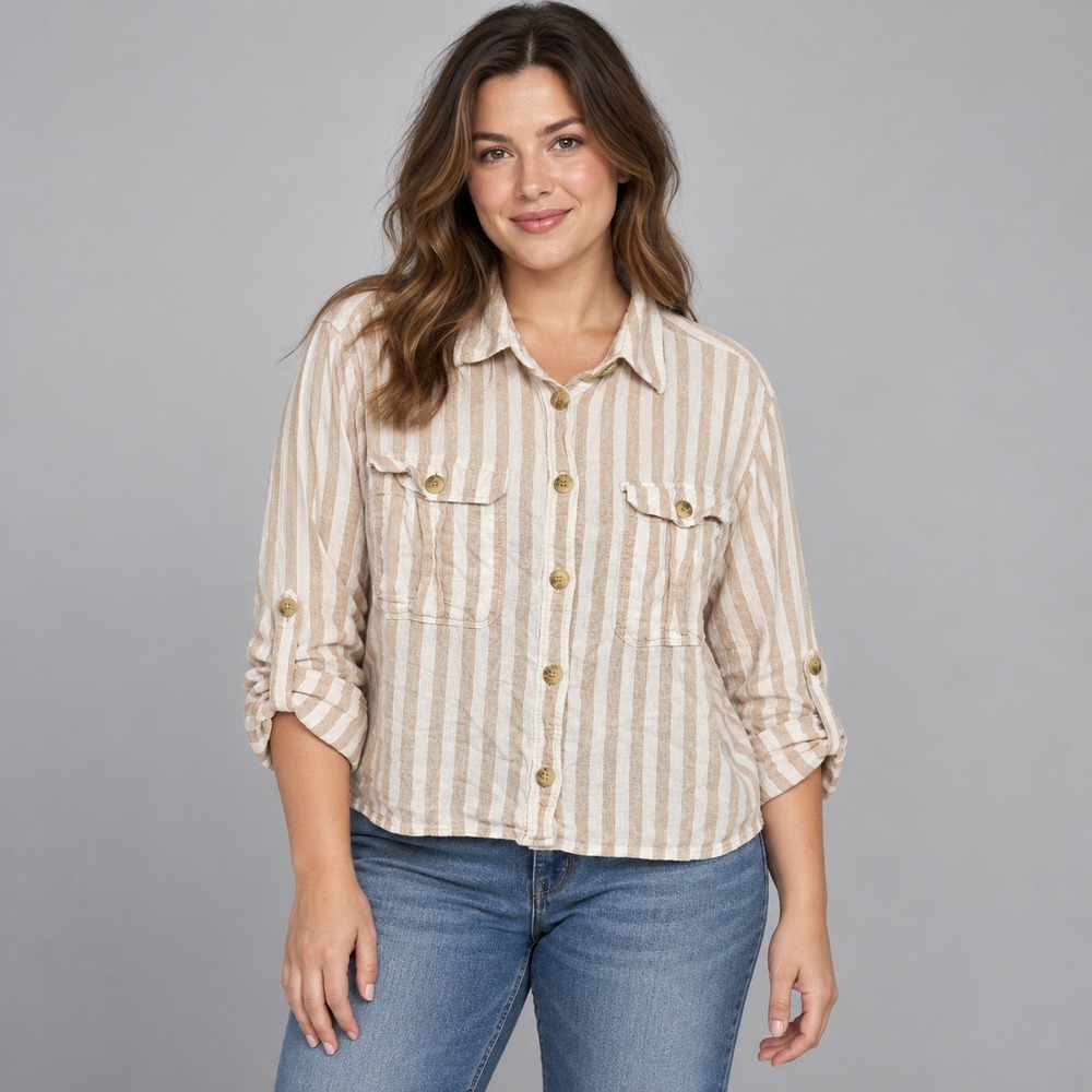 American Eagle Tan White Striped Linen Blend Button Up Shirt XL